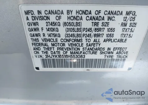 2006 Honda Ridgeline Rtl from USA, damaged, VIN 2HJYK16516H553083